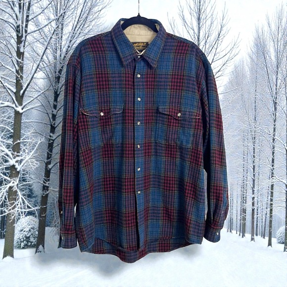 Eddie Bauer Men's XL Wool Vtg 90's Plaid Shirt Red Green Multi Outdoor - Picture 9 of 16